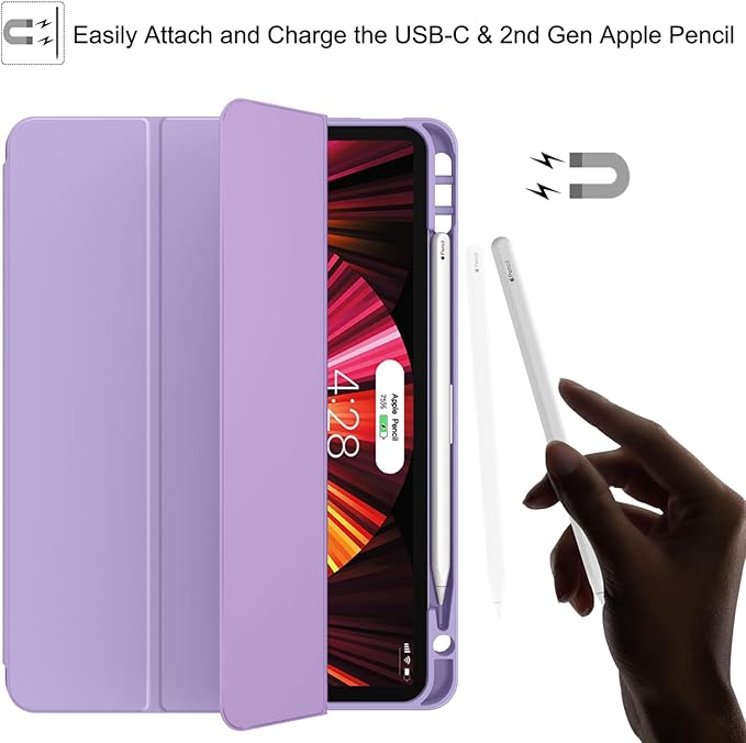 Soke for iPad Pro 11 Case (M2) 2022/2021/2020 with Pencil Holder - [Full Body Protection + Apple Pencil Charging + Auto Wake/Sleep], Soft TPU Back Cover for 2022 iPad Pro 11 inch(Lilac)