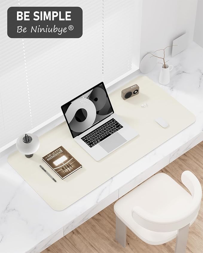 Desk Pad, 23.6" x 13.8" PU Leather Non-Slip Desk Mat Large Mouse Pad for Desktop, Waterproof Laptop Computer Writing Mat for Office, Home, Work, Gaming, Ivory White