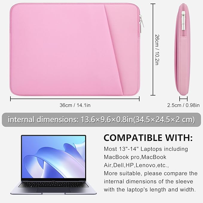 Laptop Sleeve Case with Zipper Accessory Pocket Compatible with 13 to 14 inches MacBook Air/Pro Padded Computer Pouch Cover Shockproof Protective for 13” to 14” Laptop/Chromebook/Tablet,Pink
