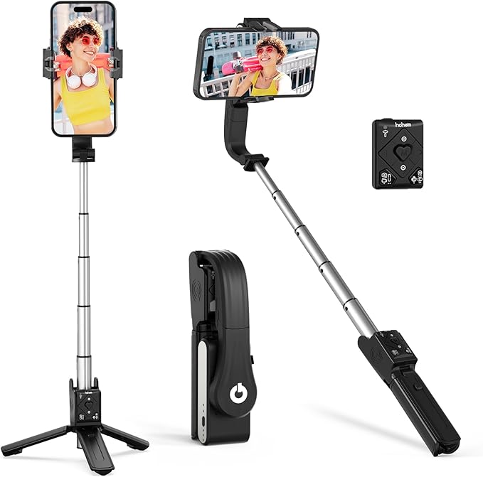 hohem iSteady Q Gimbal Stabilizer for Smartphone, 1 Axis Selfie Stick Tripod with Face Tracking, 360° Rotation, 4 in 1 Portable Phone Tripod w/Extendable Stick for iPhone 14/Android Video Recording
