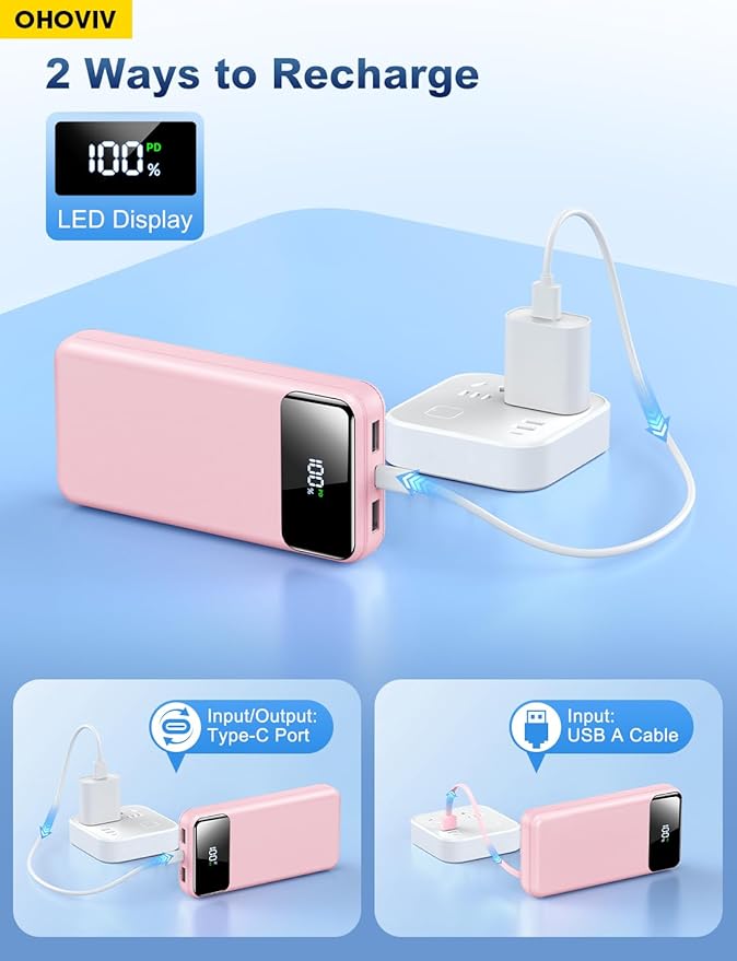 OHOVIV Portable Charger Power Bank 50000mAh Battery Pack, 22.5W Fast Charging PowerBank with Built in Cables,Travel Essential USB-C Portable Phone Charger for iPhone Samsung Pixel Android iPad-Pink