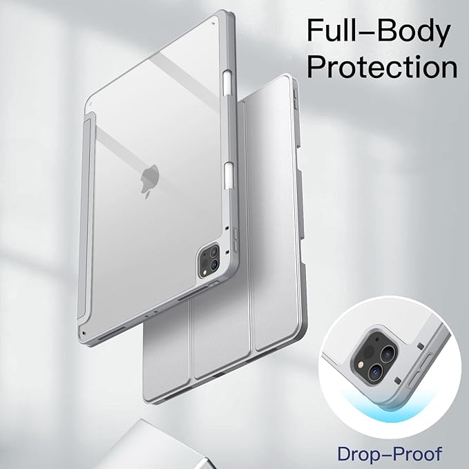 JETech Case for iPad Pro 12.9-Inch (2022/2021/2020/2018) with Pencil Holder, Clear Transparent Back Shell Slim Stand Shockproof Tablet Cover, Auto Wake/Sleep (Silver)