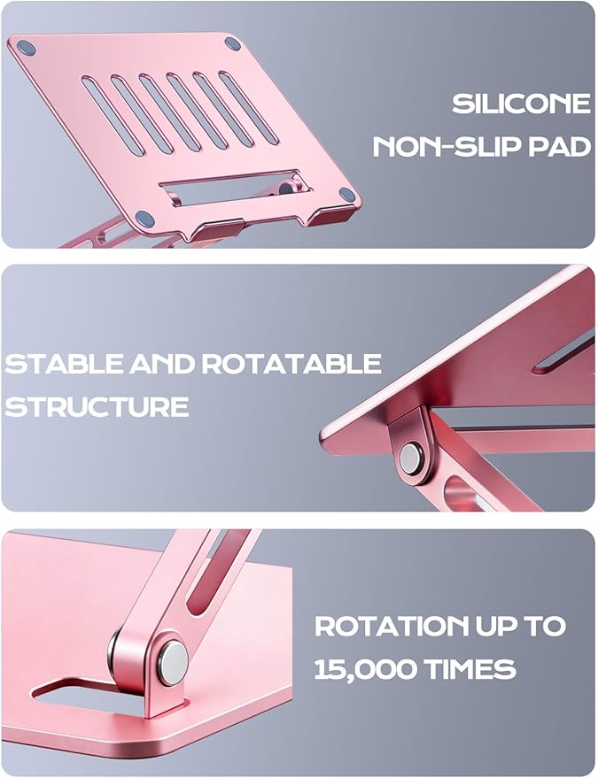 LOXP Adjustable Laptop Stand, Portable Laptop Riser, Aluminum Laptop Stand for Desk Foldable, Ergonomic Computer Notebook Holder for Desk, Office Desk Accessories (10-15.6'')- Pink