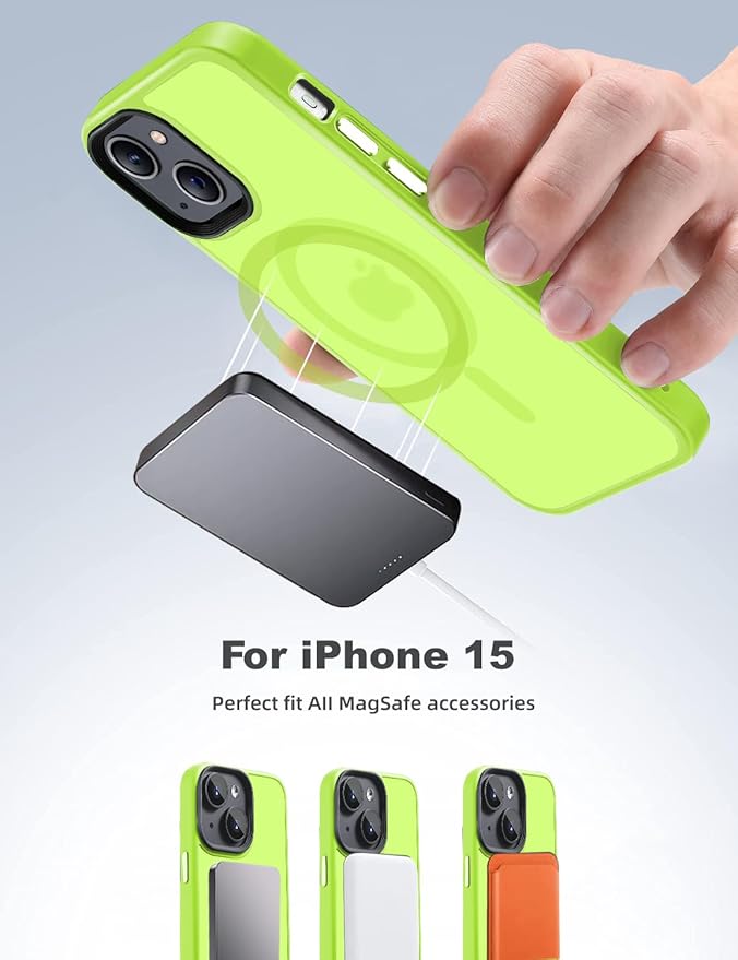 Tigowos for iPhone 15 case,Compatible with MagSafe, Matte Skin-Feeling Shockproof case for iPhone 15 Cases 6.1"，Fluorescent Green