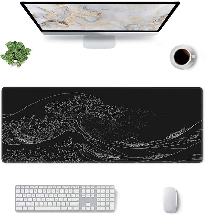 Japanese Sea Wave Large Mouse Pad, Anime Black Gaming, Extended Kanagawa Mat Desk Pad, 3mm Thick Long Non-Slip Rubber Base Mice Pad, 31.5 X 11.8 Inch