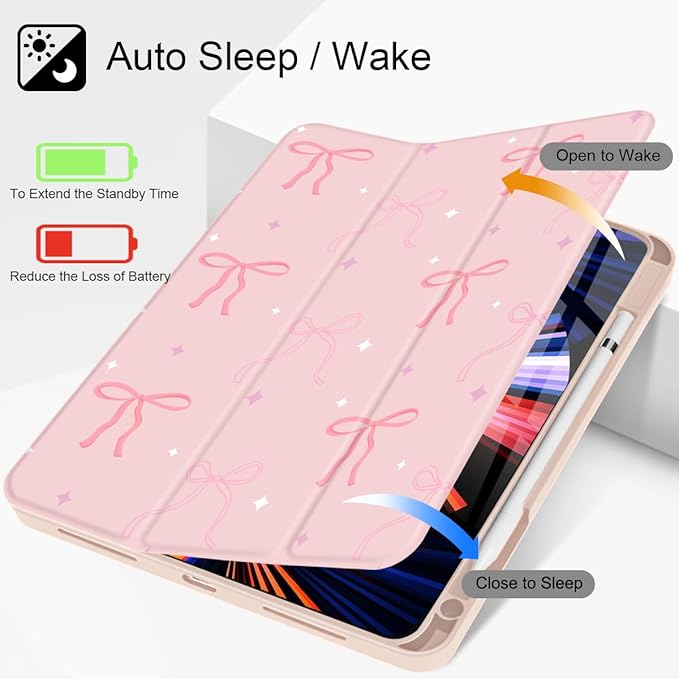 Tuiklo for iPad Pro 12.9 inch 6th / 5th / 4th / 3rd Generation 2022 2021 2020 2018 Release Case- Built in Pencil Holder Slim Protective Cover with Auto Wake/Sleep, Pink Bows