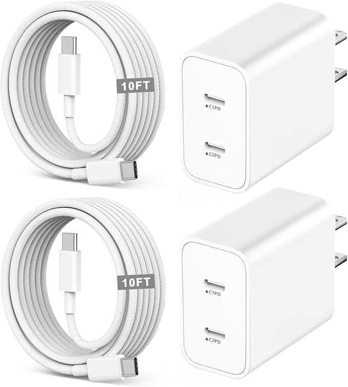 iPhone 17/16/15 Fast Charger,2-Pack USB C 2in1 Dual PD Charging Block with 10FT Long Type C to C Woven Charger Cable for Apple iPhone 17e/17 Pro Max/17 Pro/Air/iPhone 16 Pro Max/16e/15 Pro/15 Plus
