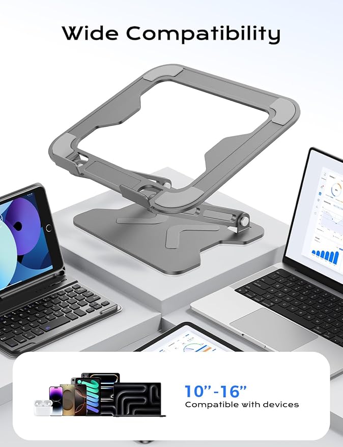 JCZT Foldable Laptop Stand for Desk, Adjustable Height Ergonomic Computer Stand, Portable Laptop Riser for MacBook Air Pro, All 10-16'' Notebooks Laptops, Grey