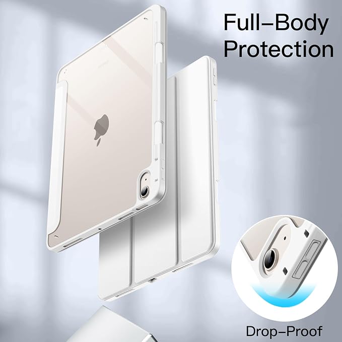 JETech Case ONLY for iPad Air 11-Inch M4/M3/M2 (2026/2025/2024), iPad Air 5/4 (2022/2020 5th/4th) with Pencil Holder, Clear Transparent Back Slim Stand Shockproof Tablet Cover (White)