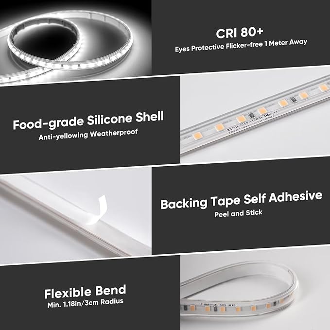 Shine Decor LED Strip Light Super Bright 4000LM, Plug&Play 120V Driverless Easy Wiring, Flicker Free Weatherproof for Outdoor Indoor, Min. 3.9” Cuttable Stickable, 6000K Cool White 16FT ETL Listed