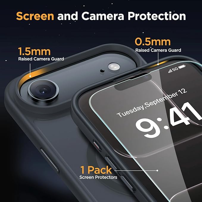 Miracase Magnetic for iPhone Air Case with Screen Protector(Compatible with MagSafe), Slim Thin Translucent Matte Military-Grade Protected Phone Cover for iPhone 17 Air 6.5", Space Black