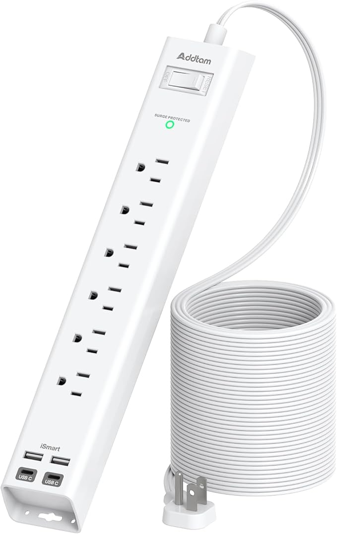 Addtam 5ft Power Strip Surge Protector, 6 Outlets and 4 USB Ports (2 USB C), Ultra Flat Plug Wall Mount, Multi Plug Outlet Extender Desktop Charging Station for Home Office Dorm Room Essentials