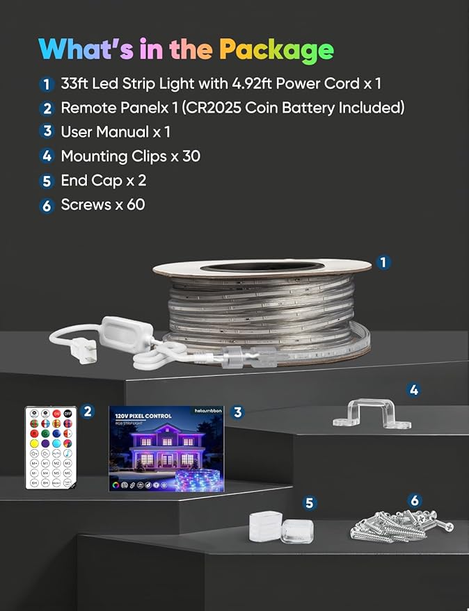 33FT Outdoor LED Strip Lights RGB+IC with Warm&Cool White, ETL Listed Music Sync Light Strip AC 120V, IP65 Waterproof and Connectable, for Party Festival Eave Porch Patio Every Day Decor