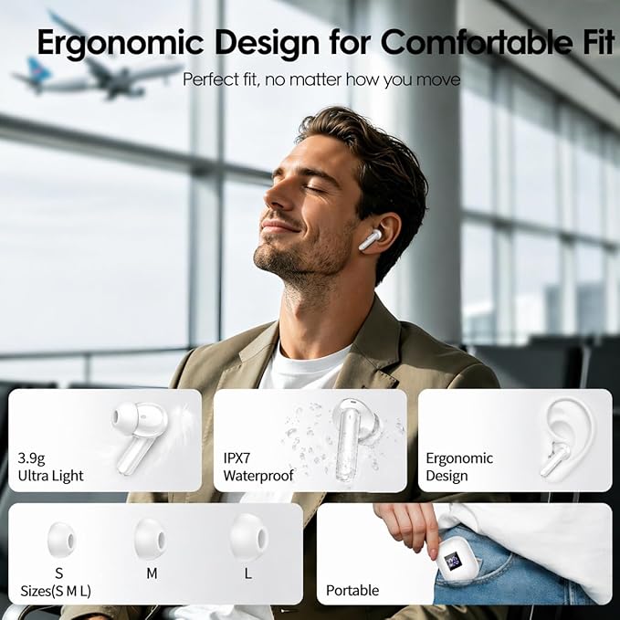 Wireless Earbuds, Bluetooth 5.4 Headphones with 4 Noise Cancelling Mic, 46H In-Ear Buds with 3D Bass Stereo Sound, Small Ears, LED Display, Calls Sports Workout, IPX7 Earphones for Android iOS, Black
