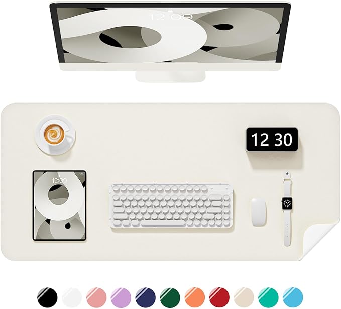 Desk Pad, 35.5" x 17" PU Leather Non-Slip Desk Mat Large Mouse Pad for Desktop, Waterproof Laptop Computer Writing Mat for Office, Home, Work, Gaming, Ivory White
