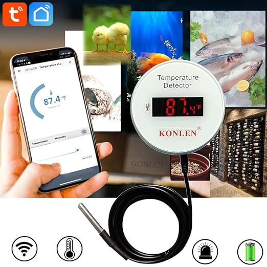 Tuya WiFi Temperature Sensor with External 9.8ft Probe Cable, Smart Life Digital Thermometer Detector for Freezer Water Tank Pool Home Greenhouse, Upper Lower Temp Remote Alarm KONLEN