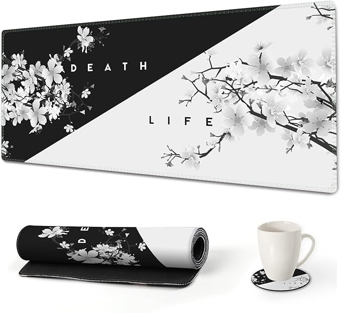 AIMSA Extended Gaming Mouse Pad, XL Large Keyboard Mouse Mat Desk Pad with Stitched Edges, Durable Non-Slip Base Mousepad for Home Office, 35x15.7inch, Black White Cherry Blossom