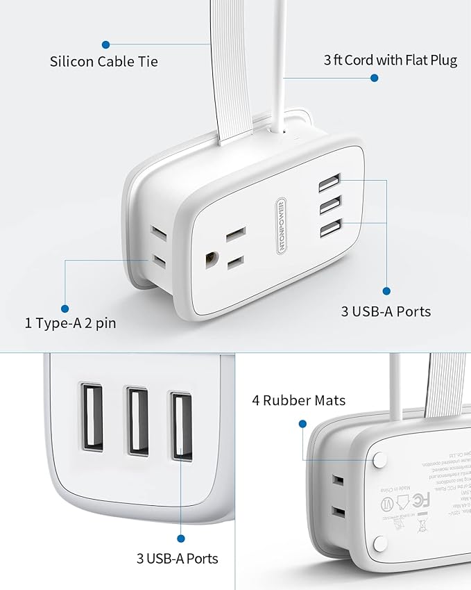 Travel Power Strip with USB 2 Pack, NTONPOWER 2 Widely Outlets 3 USB with 3Ft Short Extension Cord Flat Plug, Small Portable Desktop Charging Station for Cruise Ship Home Office Accessories, White