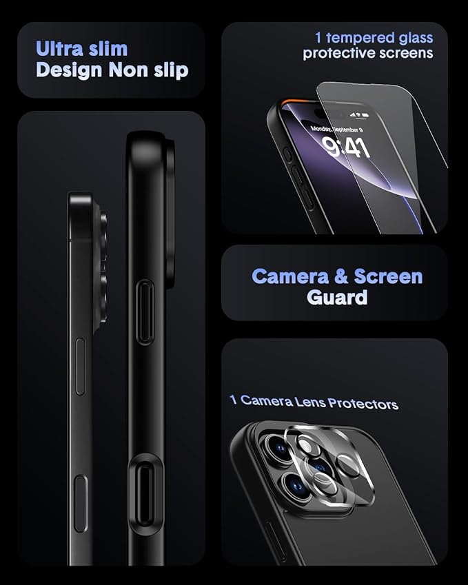 for iPhone 16 Pro Case,Compatible with MagSafe, Includes Tempered Glass Screen & Lens Protectors, Translucent Matte Anti-Fingerprint, Slim Full-Body Military Grade Shockproof case