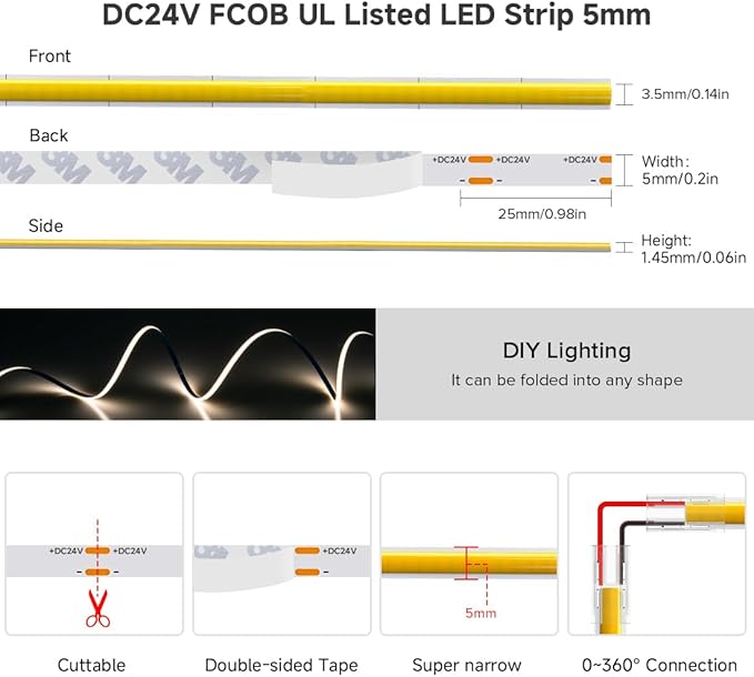 BTF-LIGHTING FCOB COB 5mm Width UL Listed Super Narrow Flexible Uniform Light LED Strip 16.4FT DC24V 4000K CRI 90+ Dimmable LED Ribbon for Kitchen Home Indoor Decoration(No Adapter or Controller)