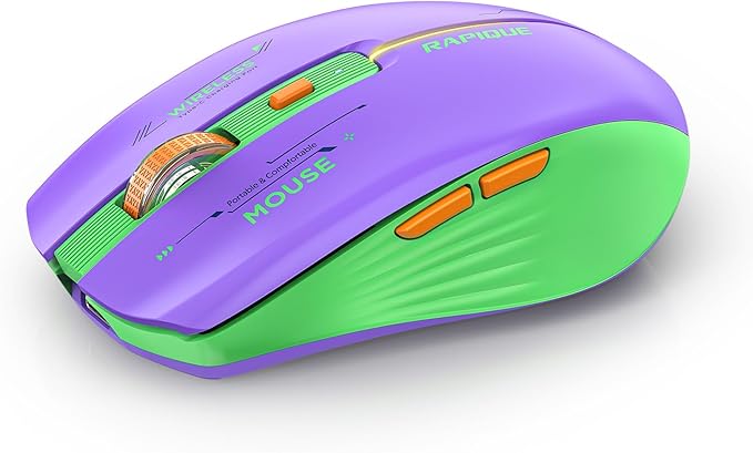 RAPIQUE Bluetooth Wireless Mouse - (BT1/BT2+USB Receiver) Dual Mode, Rechargeable, Quiet Click, Multi-Device Compatibility for Laptop, Computer, MacBook, Tablet (Purple and Green)