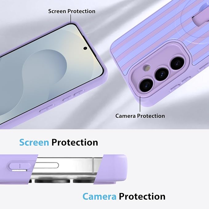 KANGHAR Compatible with Samsung Galaxy S25 Case, Support for MagSafe, Silicone Stripes Cute Pattern, Wristband Kickstand Camera Protection Soft Slim Cover for Girls Women -Purple