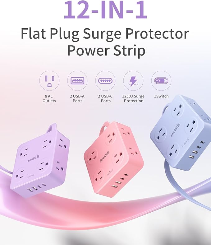 Extension Cord with Multiple Outlets, SMALLRT Surge Protector, 10FT Flat Plug Power Strip, Power Strips with Surge Protection with USB Ports, 8 Outlets, Outlets Extender for Home Office, Purple