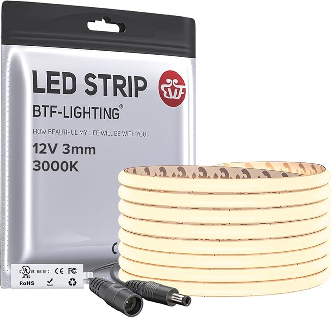 BTF-LIGHTING FCOB COB 3mm Width UL Listed Super Narrow Flexible Uniform LED Strip Light 16.4FT DC12V 3000K CRI 90+ Dimmable LED Ribbon for Kitchen Home Indoor Decoration(No Adapter or Controller)