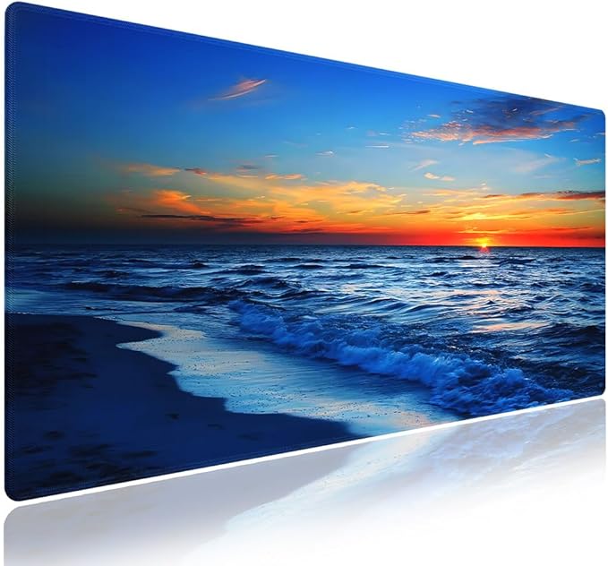 Extra Large Gaming & Office Mouse Pad (31.5" x 11.8") with Durable Stitched Edges – Sunset Glow Over The Blue Ocean Wave Scene, Anti-Slip Base & Smooth Fabric Surface Extended XXL Desk Mat