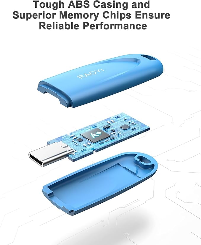 RAOYI 64GB Type-C Flash Drive USB 3.0 USB C Flash Drive Type C Thumb Drive Portable Memory Stick with Keyring Hole High-Speed Pen Drive for Laptop Smartphone Tablet Mac USB-C Devices, Blue