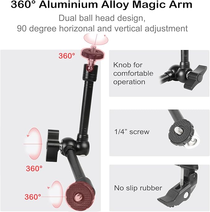 PellKing Magic Arm Clamp Kit, Camera Mount Articulating Friction Arm w 2 Pcs Super Clamp, w 1/4"-20 Screw and Thread Hole, for Camera, Light, Monitor, Webcam or Action Camera 2kg, for Table, Tube