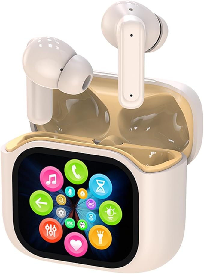 Wireles Smart Touch Screen Active Noise Cancelling Earbuds In Ear Work Headphones ANC Touchscreen Earphones TWS True Wireless Earbuds Bluetooth 5.3 ENC Ear Buds with Screen On Case for iPhone Android