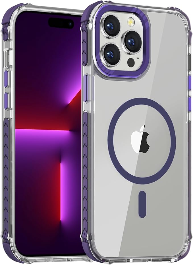 DEERLAMN Strong Magnetic Case for iPhone 15 Pro 6.1-Inch,[Compatible with Magsafe] Clear Slim Shockproof Protective Phone Cover for Women Men-Transparent+Purple