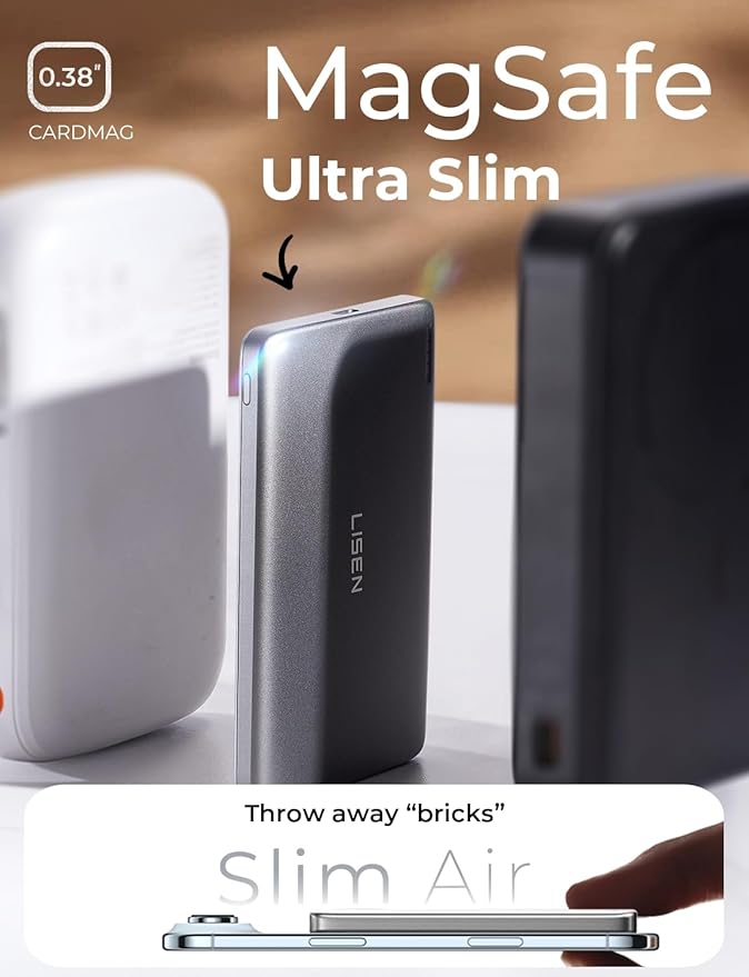 LISEN [0.3'' Ultra Slim [Qi2 15W Max] for MagSafe Battery Pack,5000mAh MagSafe Power Bank Wireless,Travel Essentials Portable Charger,Magnetic Power Bank for iPhone 17 Pro Max Plus Air 16 15 14 13 12