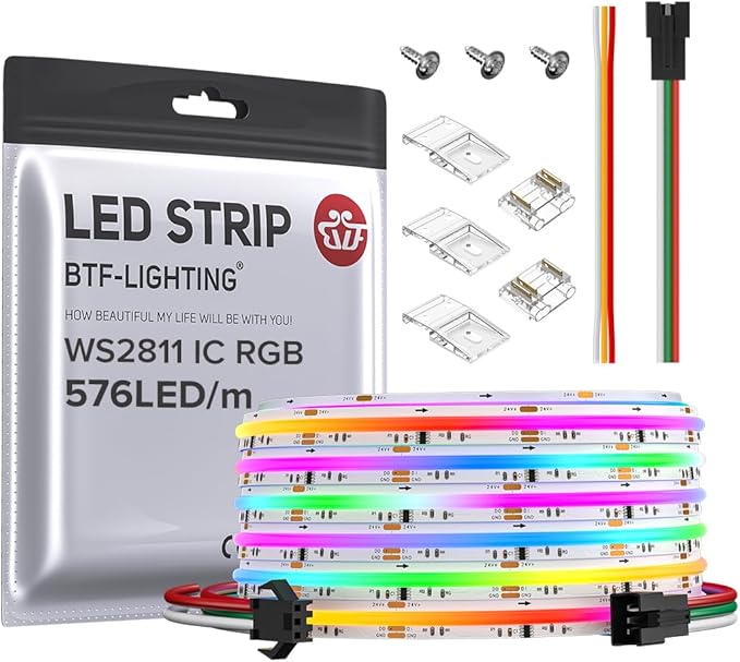 BTF-LIGHTING FCOB WS2811 IC RGB COB LED Strip DC24V 576LED/m 24FT Flexible High Density Color Chasing Uniform Light 16IC/m 10mm Width for Indoor Lighting Project(No Adapter or Controller)