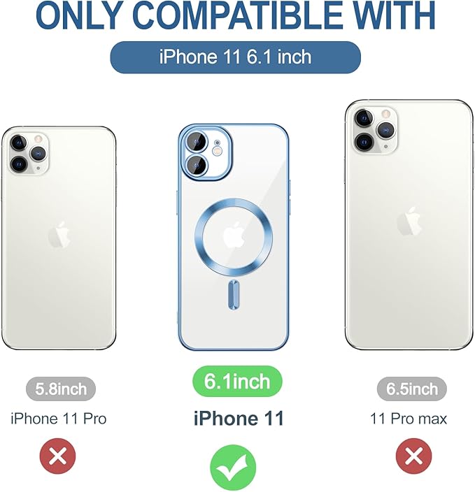 Hython Magnetic Clear for iPhone 11 Case with Camera Lens Protector [Compatible with MagSafe] Luxury Plating Edge Slim Soft TPU Cover Protective Phone Case for iPhone 11 6.1", Light Blue