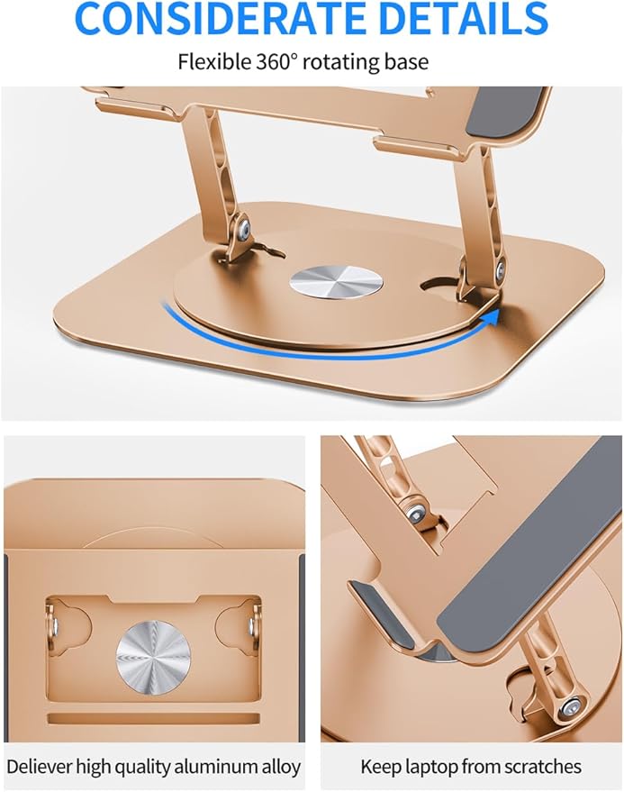 AOEVI Adjustable Laptop Stand with 360 Rotating Base, Computer Stand for Laptop Ergonimic Foldable Laptop Riser for Desk Compatible with MacBook Pro/Air Notebook up to 16 Inches, Gold