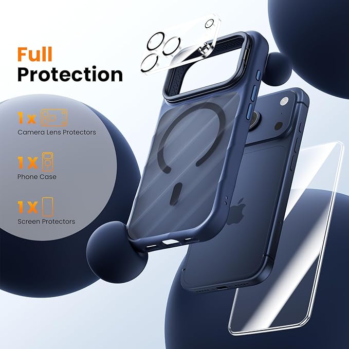 3-in-1 Set for iPhone 17 Pro Max Case with Camera Stand [1 Screen Protector & 1 Camera Lens Protector ][Fits MagSafe][Shockproof & Magnetic][Translucent Matte]Fashion Phone Case for 17 Pro Max(Blue)