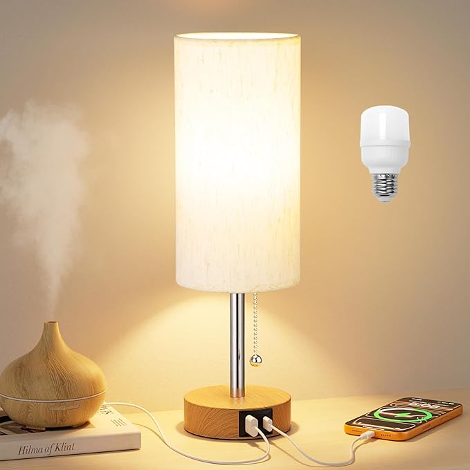 PartageiZ Small Table Lamp for Bedroom Nightstand - Bedside Lamp with USB A + C Charging Port, 3 Color Temperatures Pull Chain Night Stand Light, Wood Base Desk Reading Lamp for Class Room/Nursey