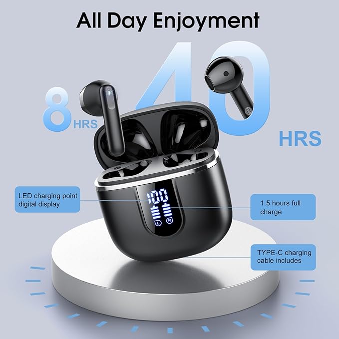 Wireless Earbuds, 2026 Bluetooth 5.4 Headphones with 3D Bass Stereo, 40H Ultralight in-Ear Buds, Bluetooth Earbuds with 4 ENC Noise Cancelling Mic, USB-C LED, IP7 Waterproof Earphones for Android iOS