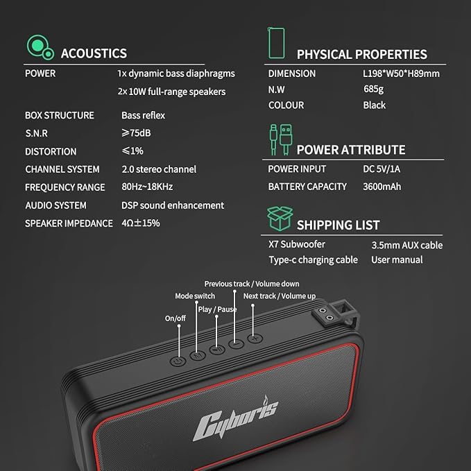CYBORIS Portable Bluetooth Speaker, Wireless Speakers with 20W HD Sound, IPX7 Waterproof, Bluetooth V5.3, Dual Stereo Pairing, 30H Playtime for Home, Outdoor, Travel, Party, Beach