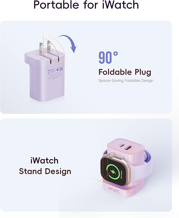 VRURC Charger for iPhone & Apple Watch, 20W USB C Fast Charging Block, 3-in-1 Compact Travel Adapter with 2 Port for iPhone 17/16/15/14/13, Wireless Magnetic for iWatch SE/11/10/9/8/7/6/5/4-Purple