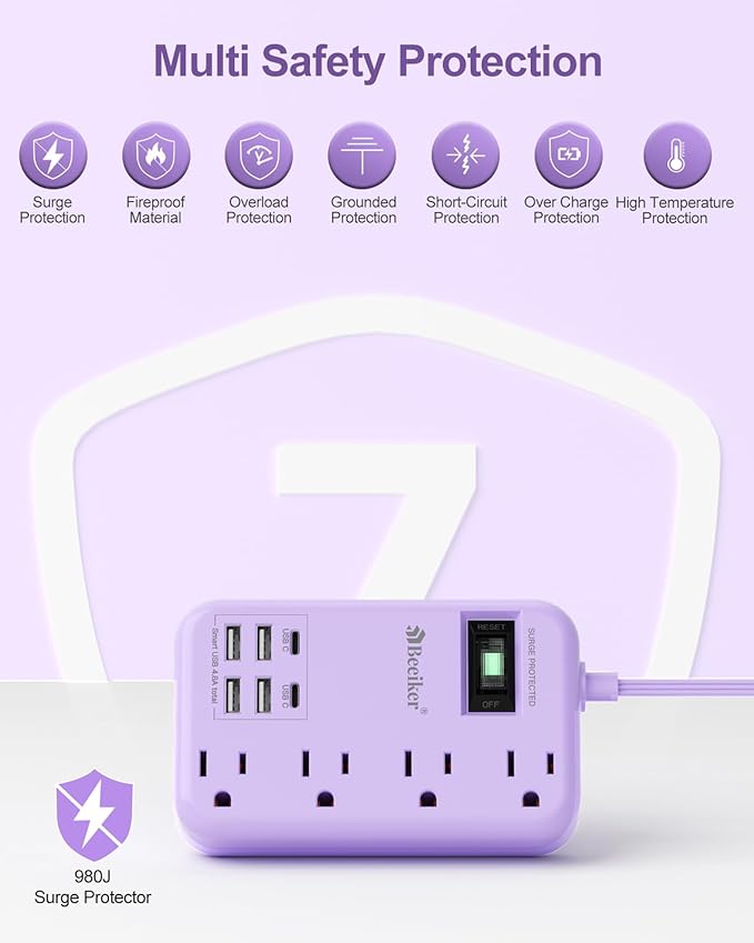 Beeiker 6 USB(2 USB C) Purple Surge Protector Power Strip- 10 Ft Purple Extension Cord with 24W USB Charging Station and 4 Outlets, Pink Desk Accessories for Cute Kawaii Lavender Travel Dorm Room