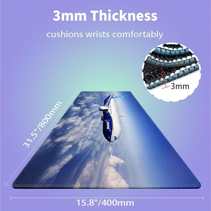 Large Gaming Mouse Pad (31.5" x 15.8") - Airplane Soaring Above the Clouds, Aircraft Design for Boeing 777 Enthusiast Extra XXL Extended Office Accessories, Premium Stitched Anti-Slip Desk Mat