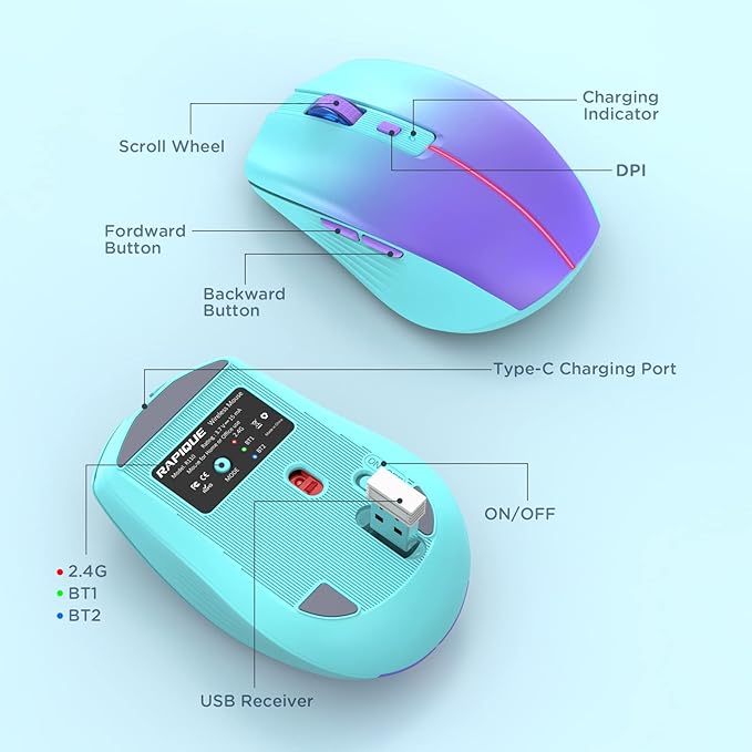 RAPIQUE Bluetooth Wireless Mouse, Rechargeable Slient Multi-Device Computer Mice (Tri-Mode: BT1/2+2.4Ghz) with USB Receiver, Ergonomic Cordless Mouse for Laptop/MacBook/PC/iPad(Mint Green to Purple)