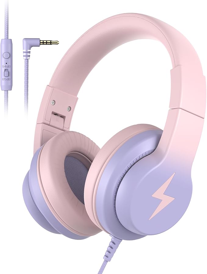 Candy Bila Kids Headphones, Wired Headphones for Kids Over Ear with Microphone, 85/94dB Volume Limiter Headphone for Girls Boys, Foldable Headphone for Learning & Entertainment, Gradient Pink