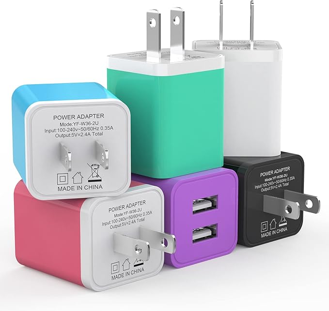 6Pack USB Wall Charger, iGENJUN 2.4A Dual USB Port Cube Power Plug Adapter Fast Phone Charger Block Charging Box Brick for iPhone 17/17 Pro/17 Pro Max/16, Samsung Galaxy, Pixel, LG, Android-Colorful