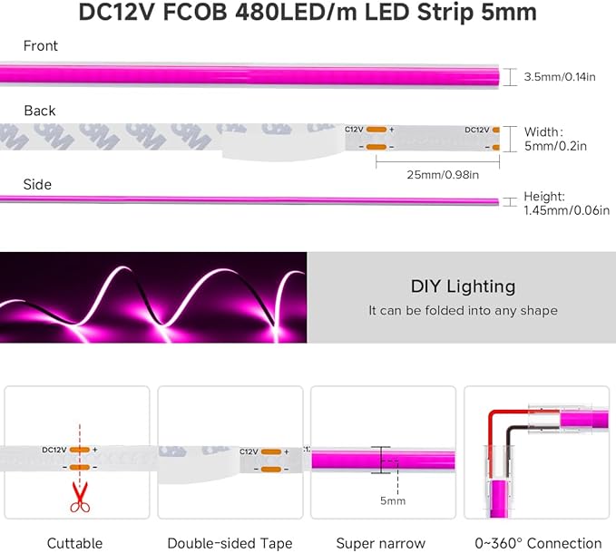 BTF-LIGHTING FCOB COB LED Strip Purple Color 5mm Width UL Listed Super Narrow Flexible Uniform Light DC12V 16.4FT CRI 90+ Dimmable LED Ribbon for Bedroom Home Indoor Decor(No Adapter or Controller)