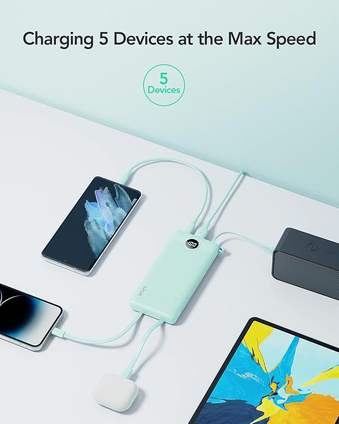 VRURC Portable Phone Charger for iPhone, 10000mAh Power Bank Built in Cables & Lanyard, Slim USB C Battery Bank 5 Outputs for Multi Devices,Travel Essential for College Students Teen Boys Girls-Green