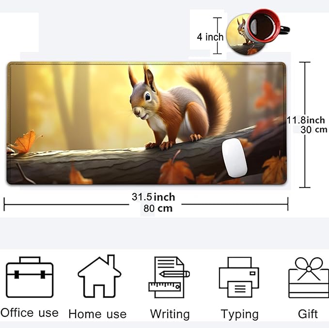 Large Mouse Pad, 31.5 x 11.8in Extended Gaming Mouse Pad with Stitched Edges, XXL Mousepad Protector Non Slip Rubber Base for Office & Home Writing Mat, Animals Cute Squirrel Nature Pattern Desk Mat